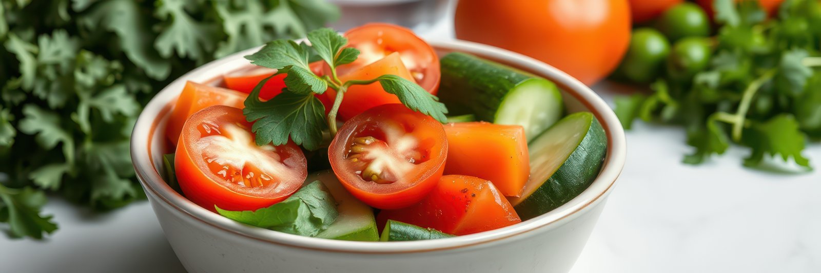 Fresh vegetable salad with tomatoes, cucumbers, and cilantro garnished on a bright countertop